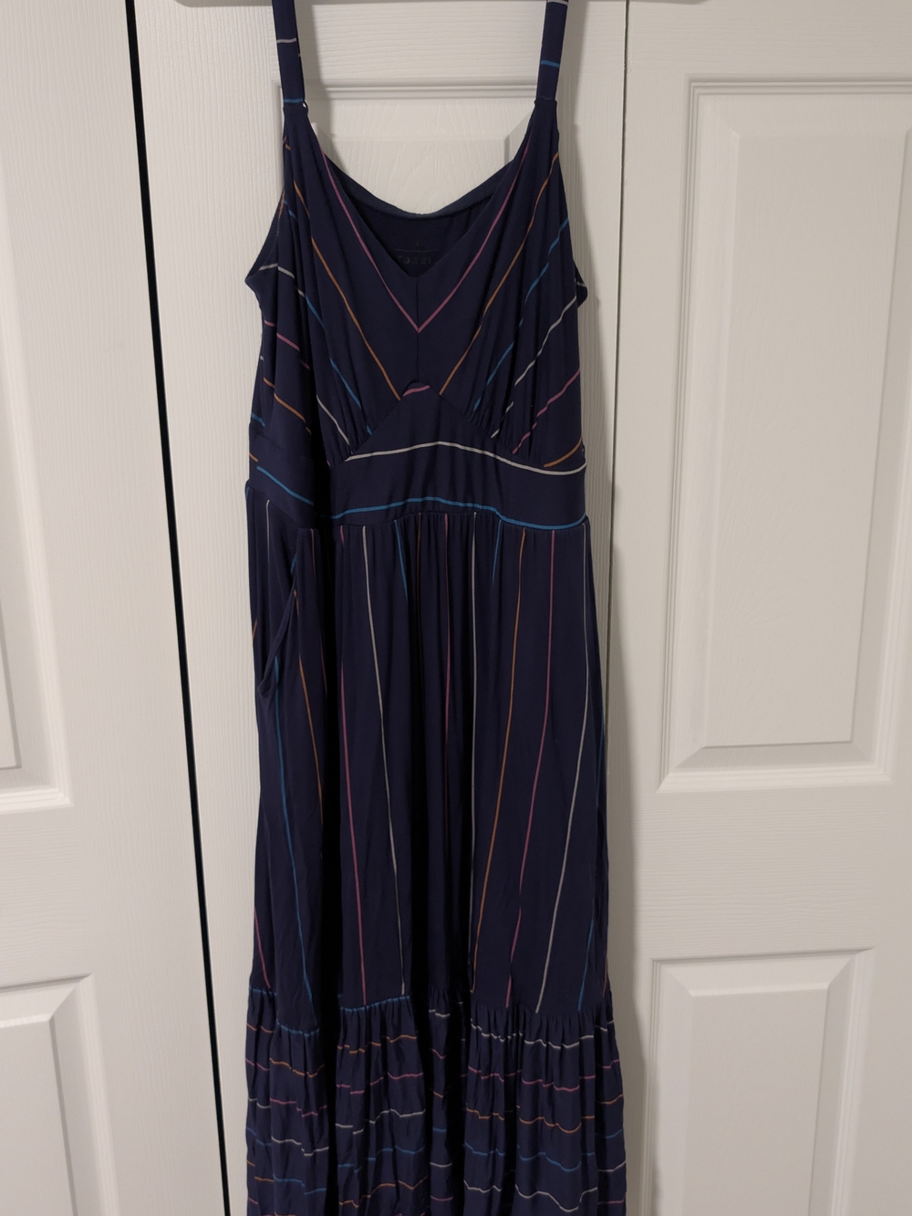 Navy Striped Maxi Dress with V-Neck and Spaghetti Straps